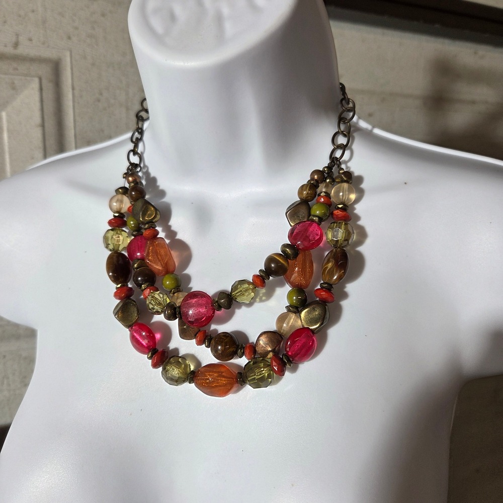 Ruby Rd Y2K Whimsical Multi Strand Beaded Statement Necklace Red‎ Orange Bronze